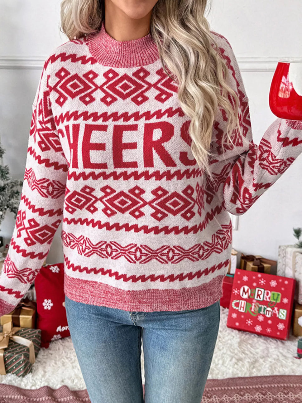 CHEERS Round Neck Long Sleeve Christmas Sweater