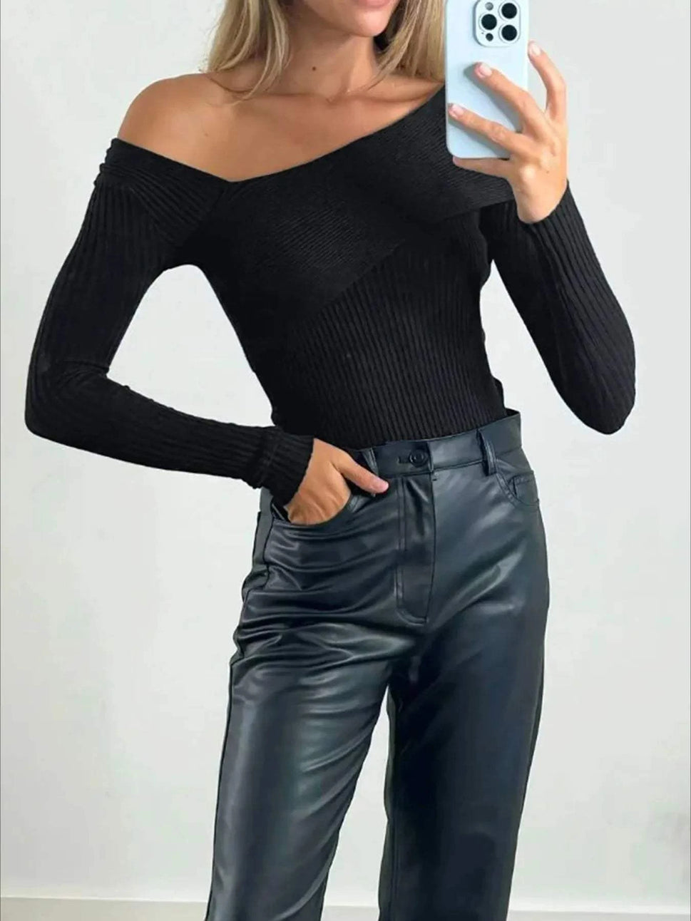 Off-Shoulder Ribbed Knit Top