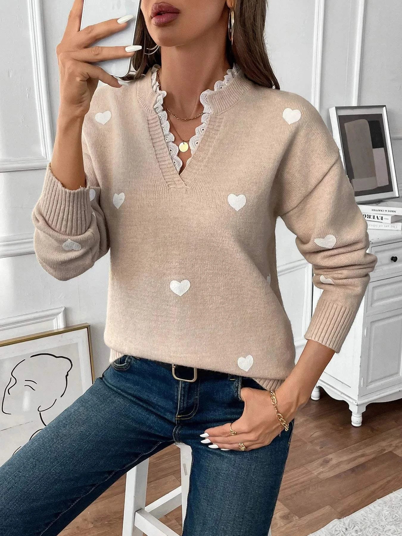 Heart V-Neck Long Sleeve Sweater