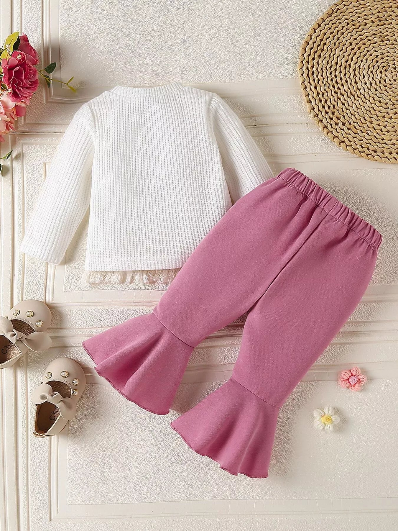 Children's Floral Applique Ribbed Top & Flare Leg Pants Set