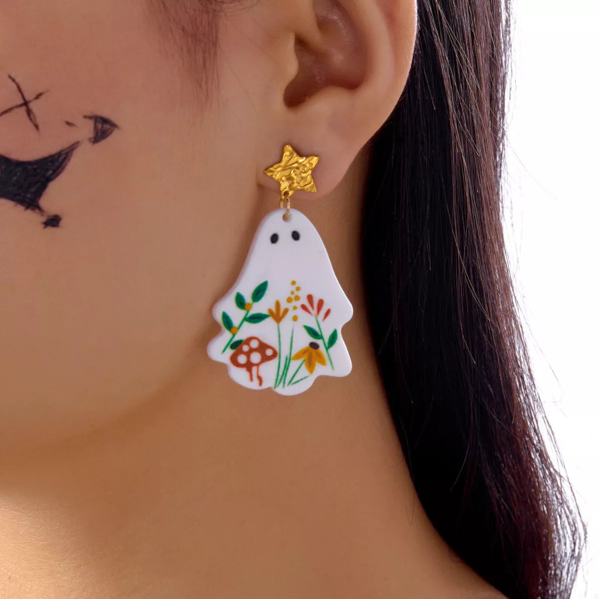 Whimsical Ghost Earrings with Floral Design