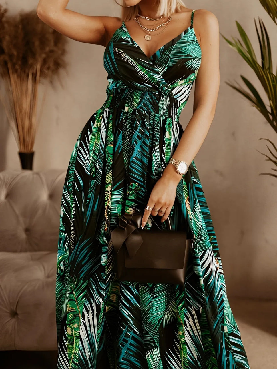 Smocked Printed Surplice Maxi Cami Dress