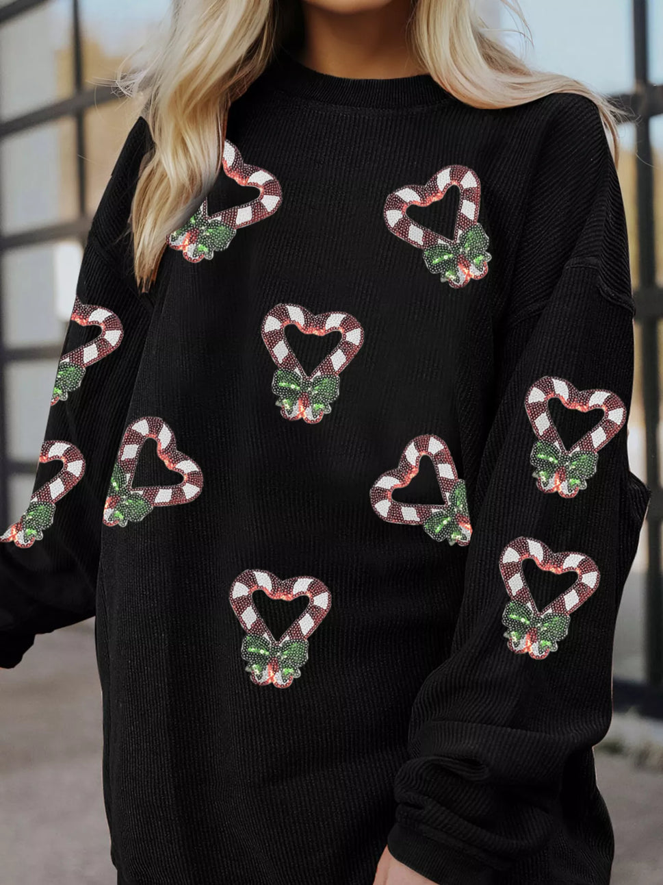 Sequin Christmas Candy Cane Heart Graphic Drop Shoulder Ribbed Sweatshirt