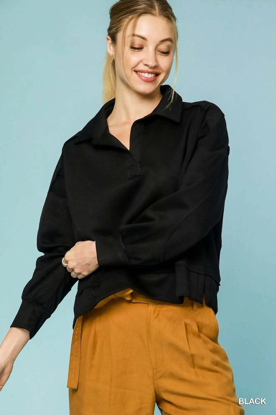 Umgee Collared Neck Long Sleeve Top with Raw Hem Detail