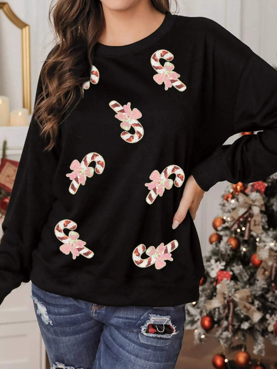 Christmas Candy Cane Sequin Patch Baggy Sweatshirt