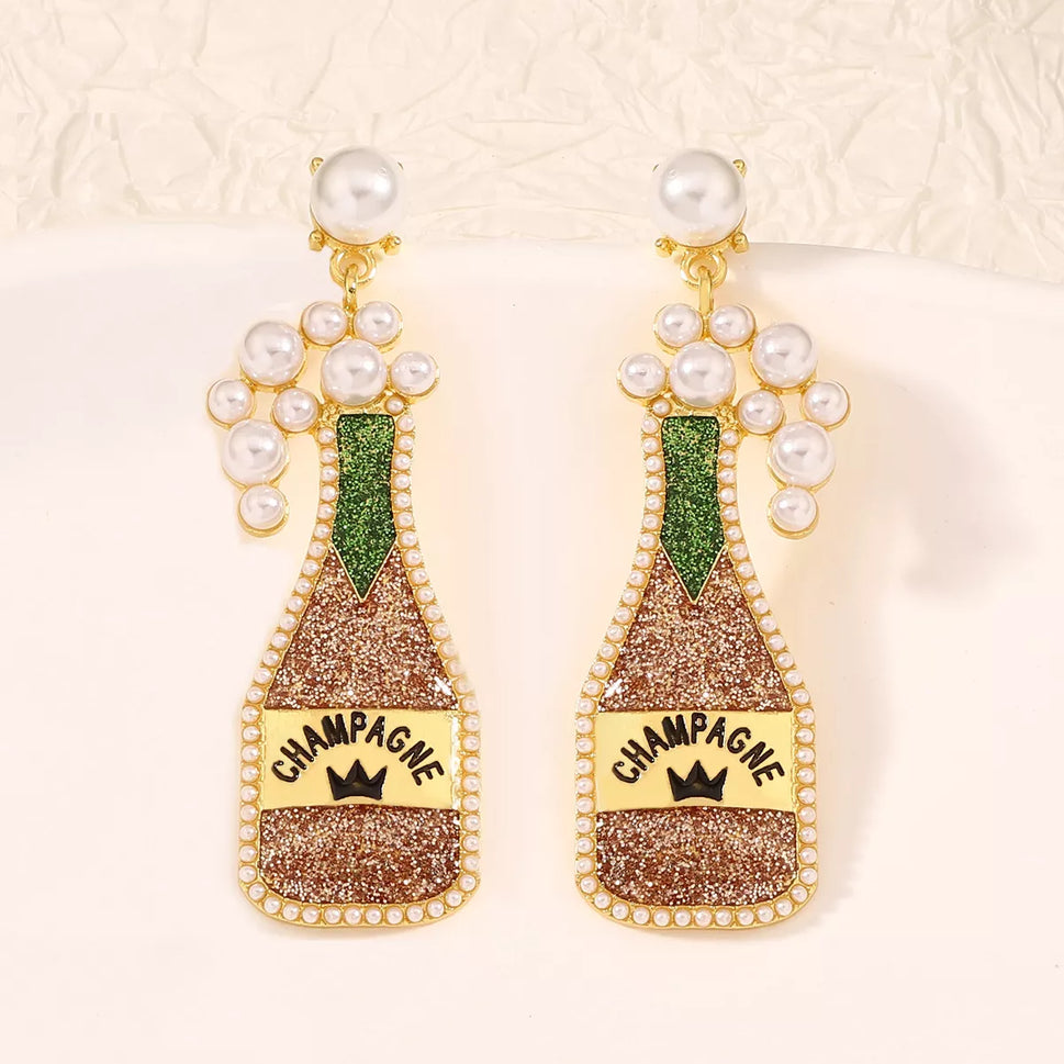 Champagne Bottle Earrings with Pearls