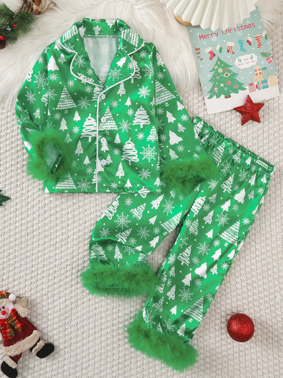 Children's Christmas Tree Print Fluffy Cuff Pajama Set