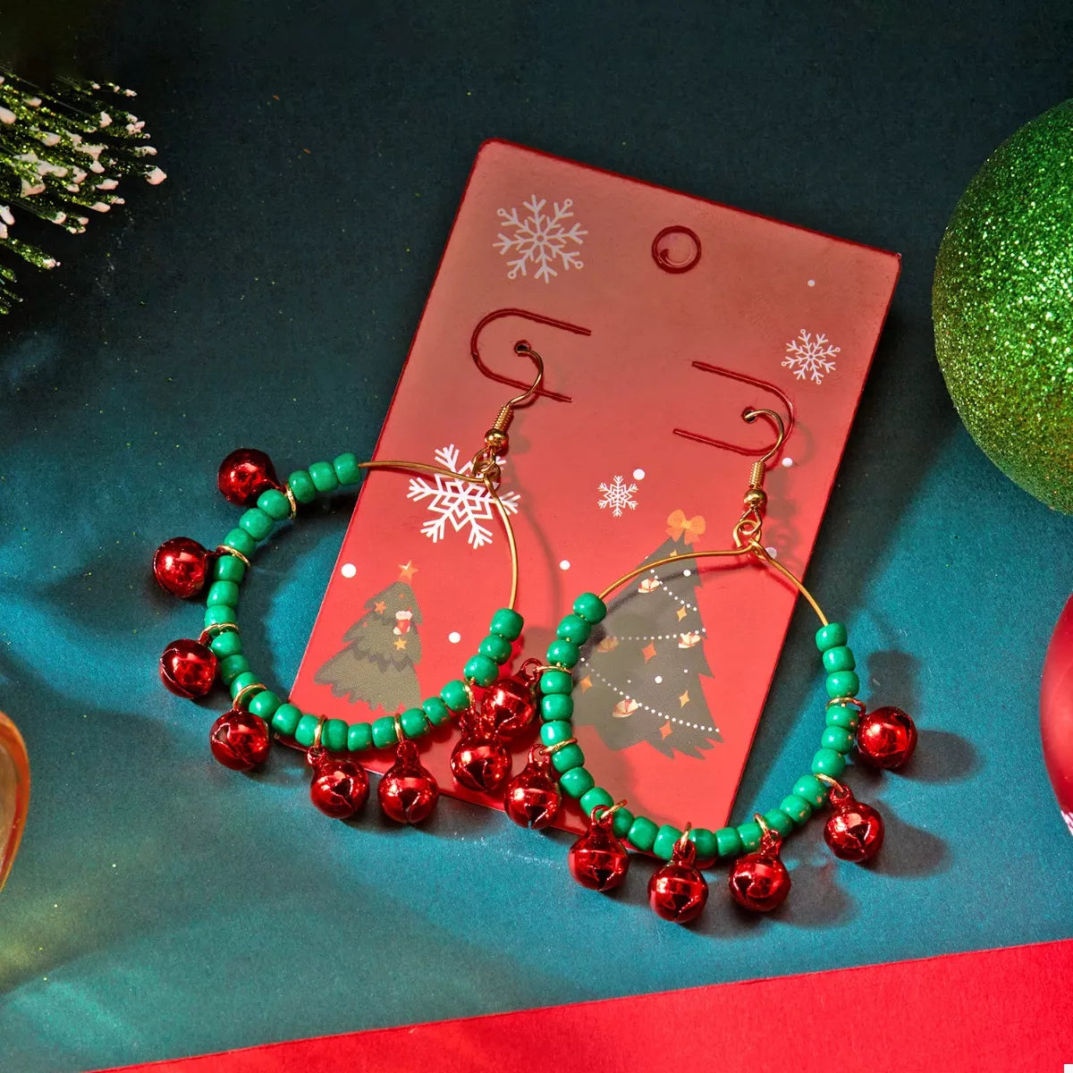 Christmas Beaded Hoop Earrings with Jingle Bells