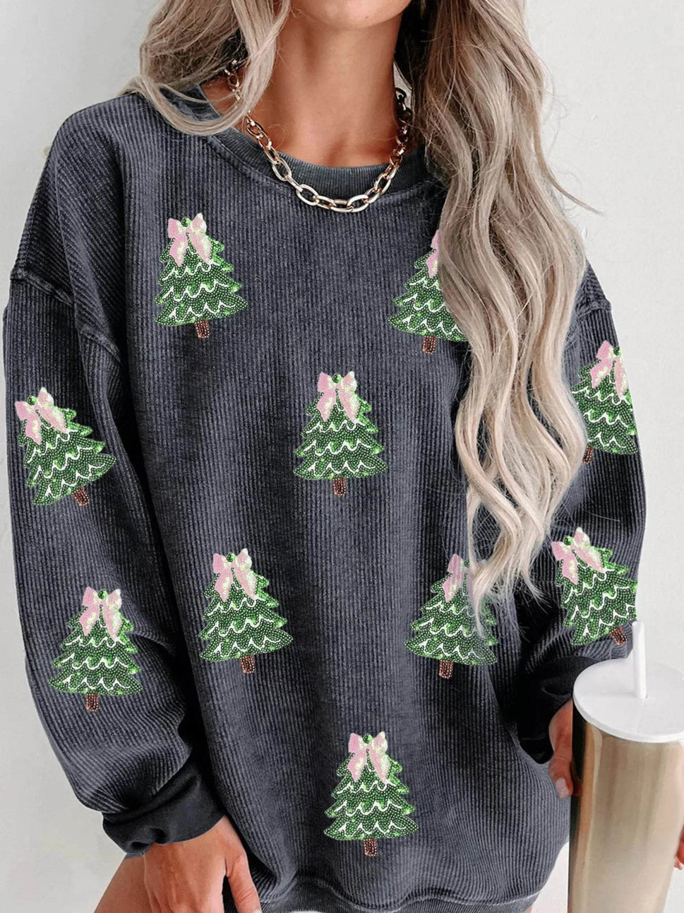 Ribbed Round Neck Sequin Christmas Tree Patched Baggy Sweatshirt