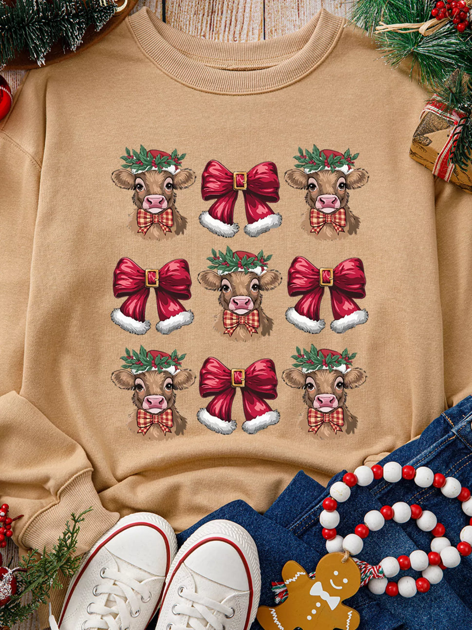 Christmas Heifer Bow Knot Print Casual Sweatshirt