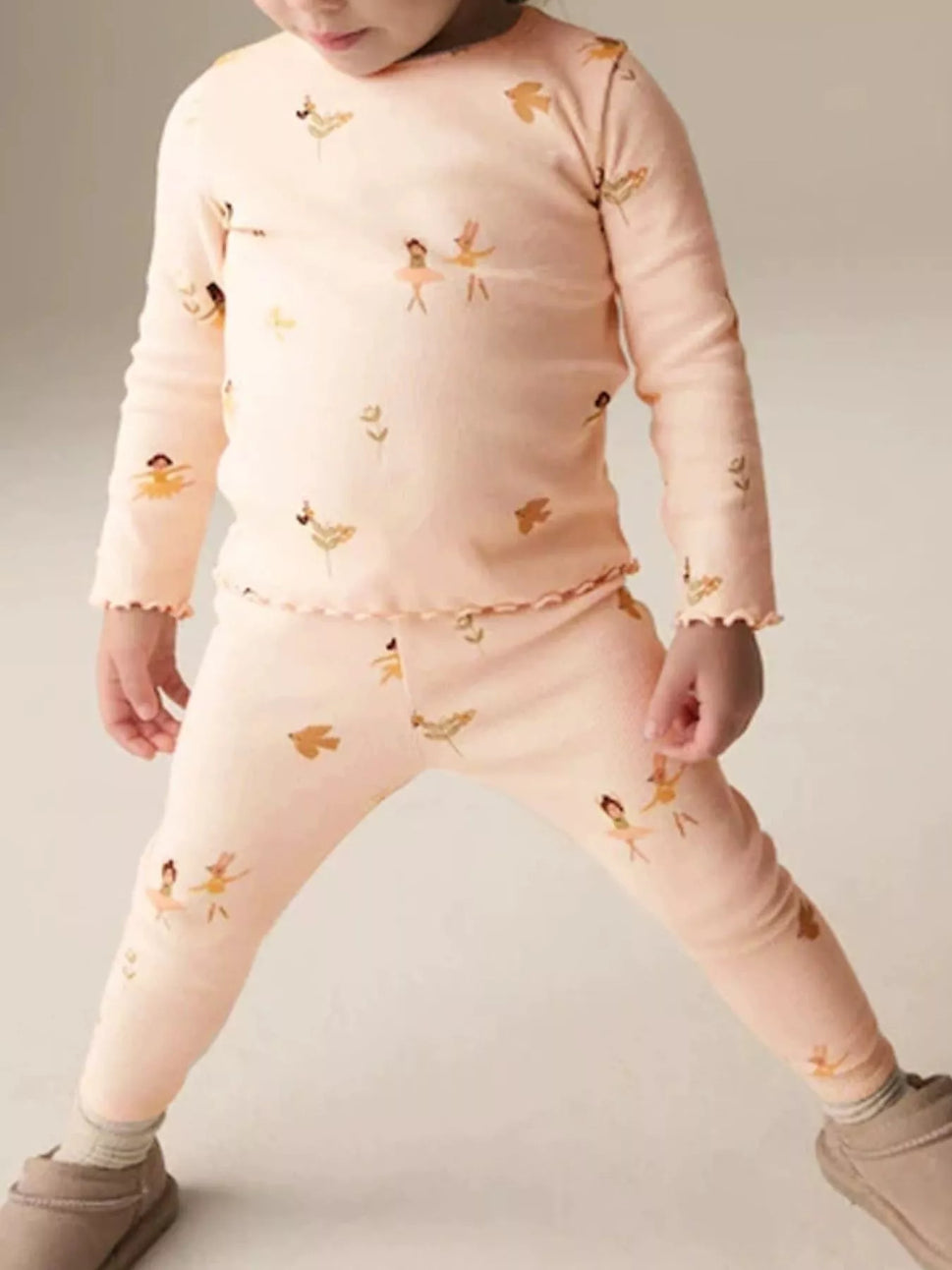 Children's Ballerina Print Round Neck Top and Pants Pajama Set
