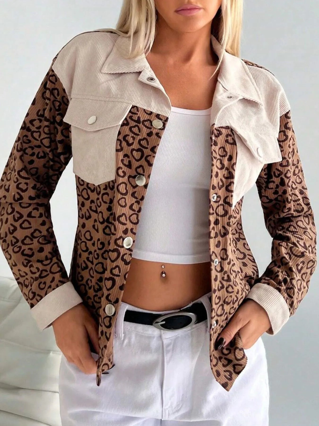Leopard Print Color Block Corduroy Jacket
