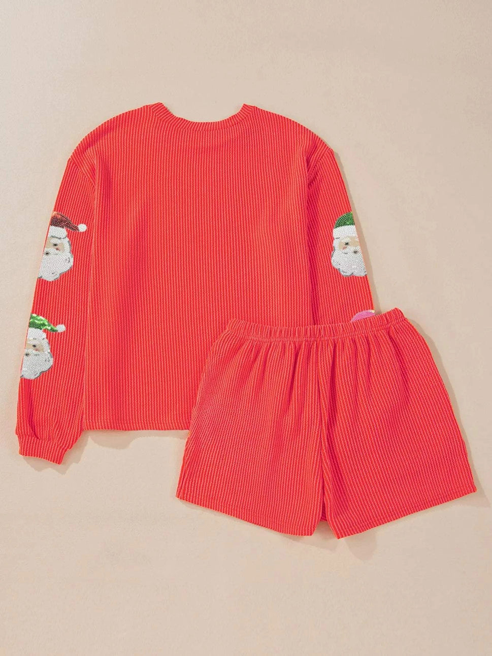 Twisted Ribbed Christmas Sequin Patched Top and Shorts Set