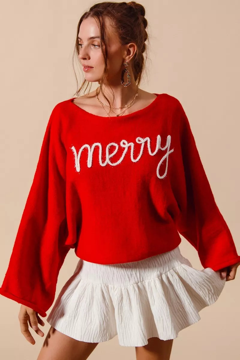 SO ME Merry Tinsel Lettering Christmas Sweater Top