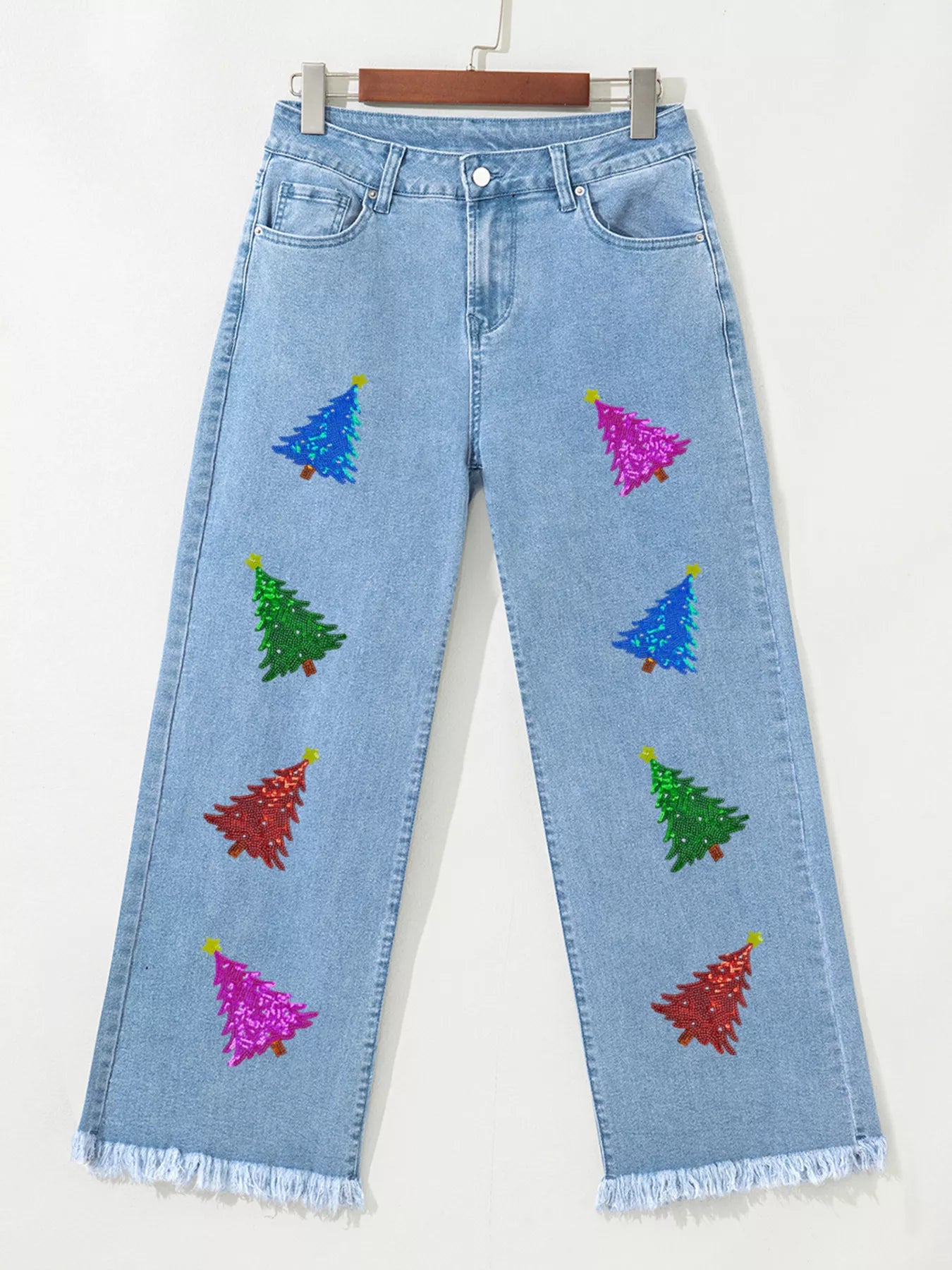 Colorful Sequin Christmas Tree Patched Raw Hem Cropped Wide Leg Jeans