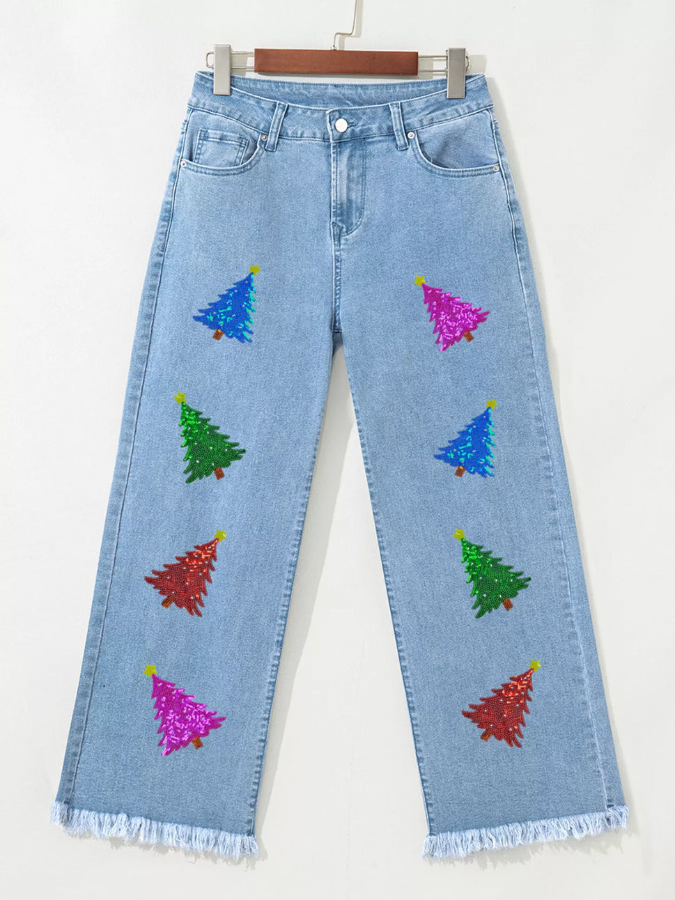 Colorful Sequin Christmas Tree Patched Raw Hem Cropped Wide Leg Jeans