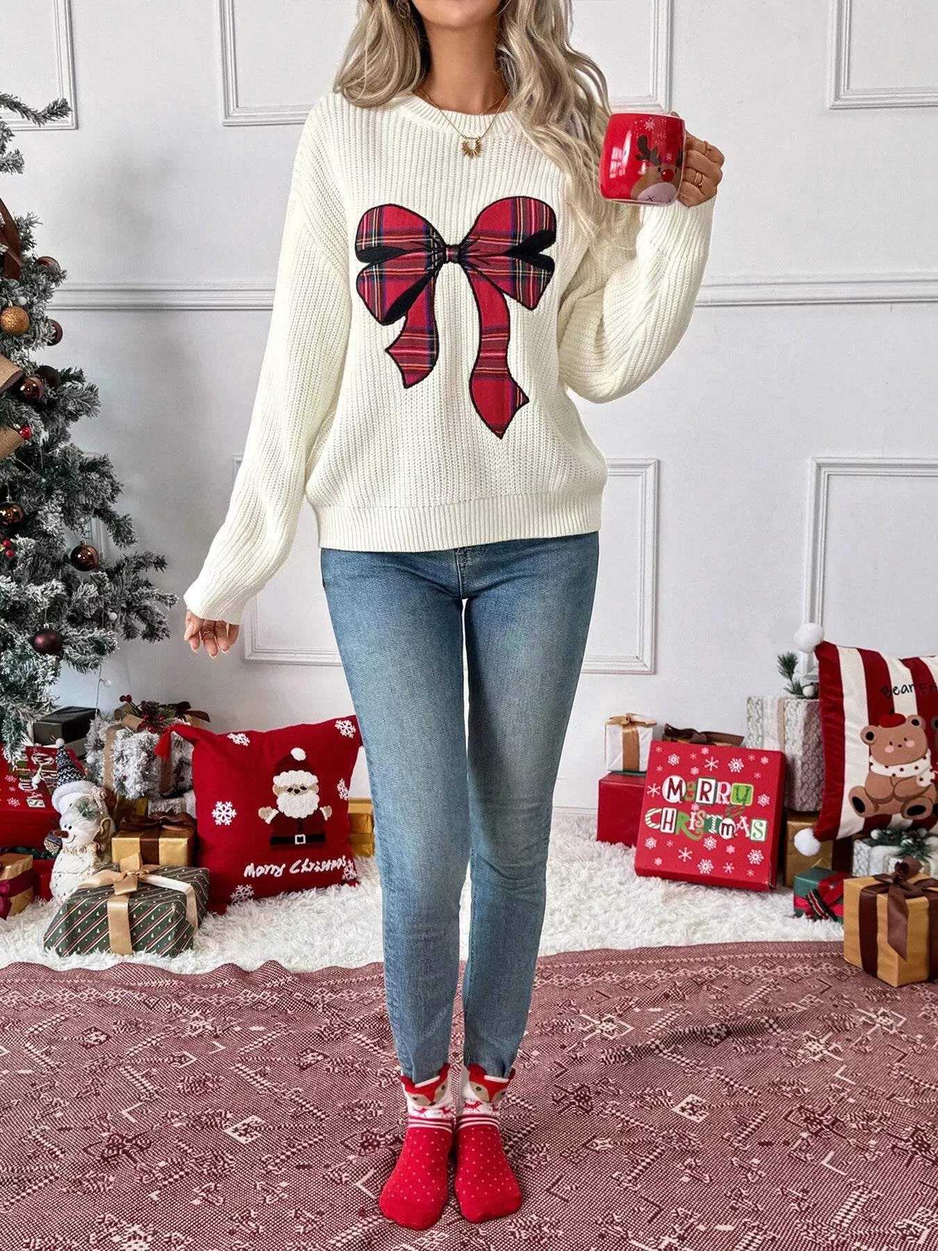 Christmas Bow Dropped Shoulder Sweater