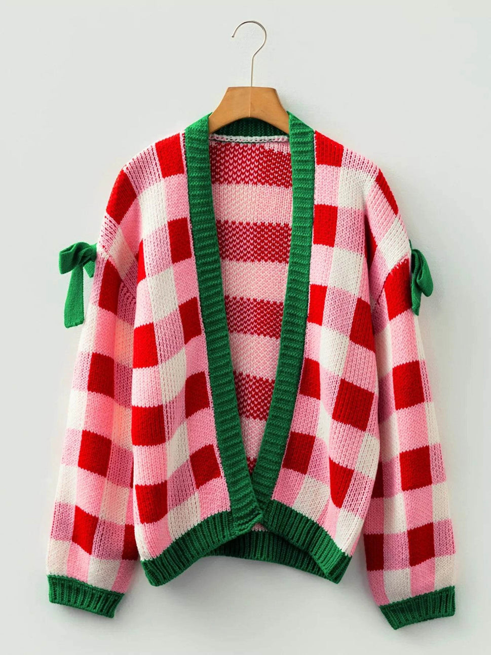 Checkered Bow-Tie Sleeve Knit Christmas Cardigan