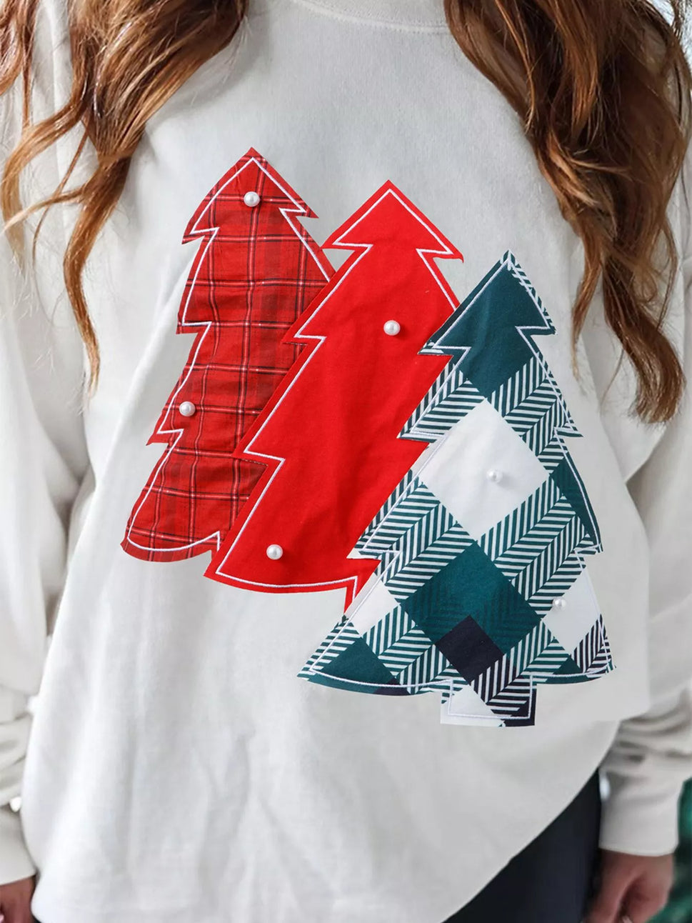 Pearl Plaid Christmas Tree Patched Drop Shoulder Sweatshirt