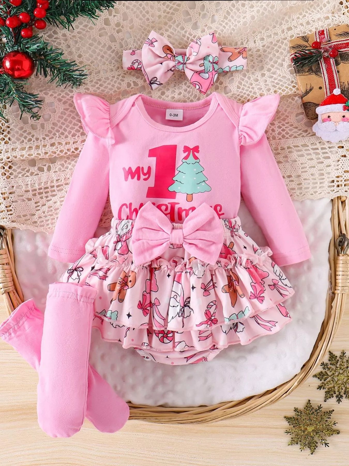 Children's Christmas Ruffled Long Sleeve Top and Skirt Set with Headband