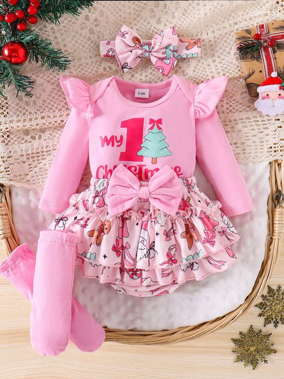 Children's Christmas Ruffled Long Sleeve Top and Skirt Set with Headband