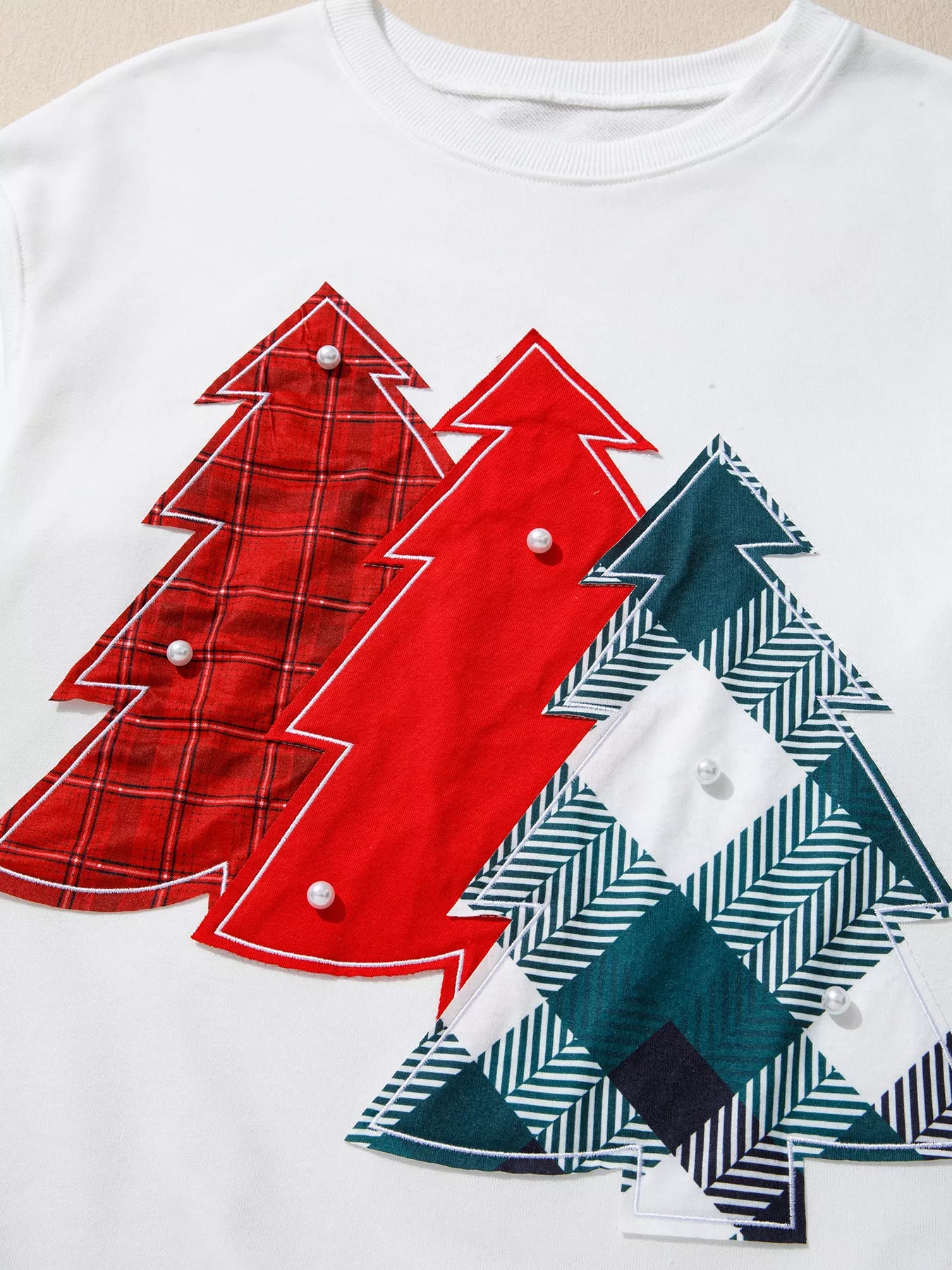 Pearl Plaid Christmas Tree Patched Drop Shoulder Sweatshirt