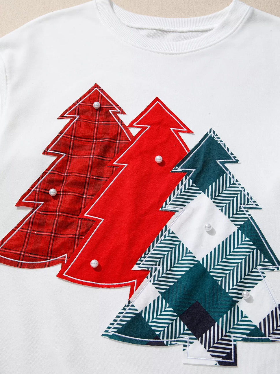 Pearl Plaid Christmas Tree Patched Drop Shoulder Sweatshirt