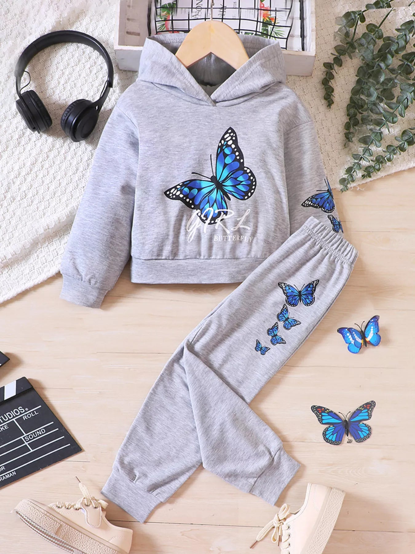 Childrens's Butterfly Print Hoodie & Pants Set