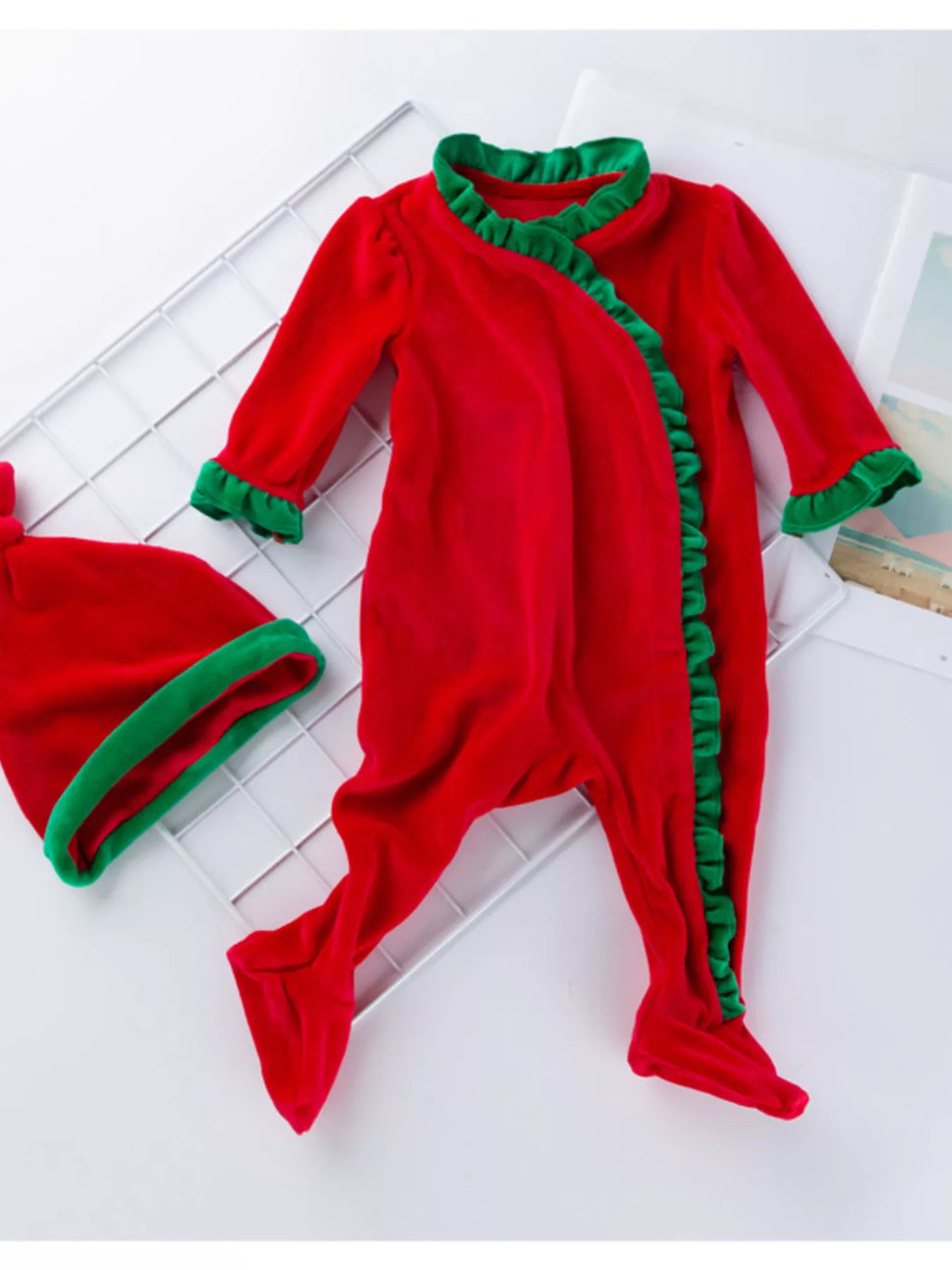 Children's Christmas Velvet One-Piece with Hat