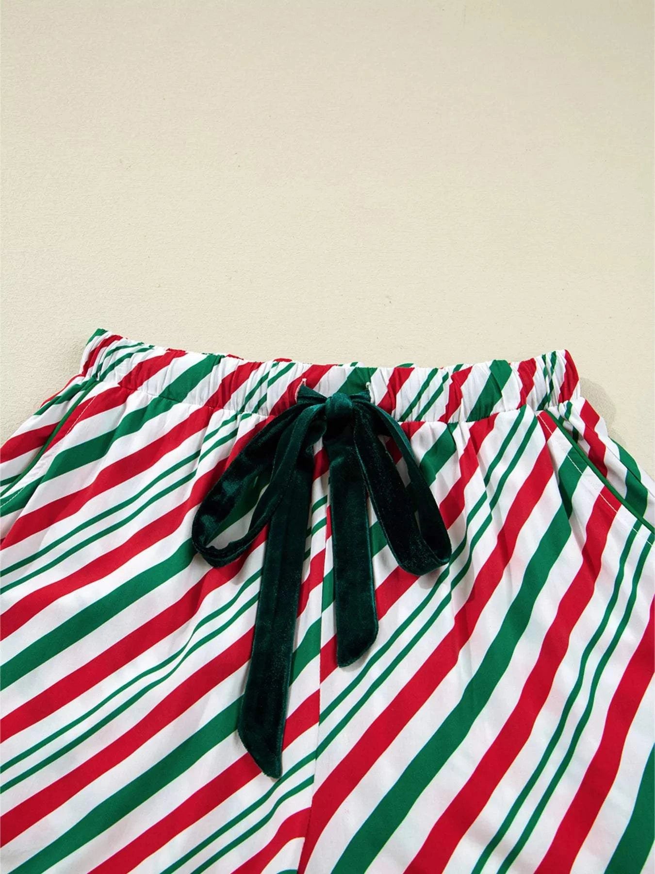 Stripe Contrast Velvet Ribbon Knot Christmas 2pcs Pajama Set