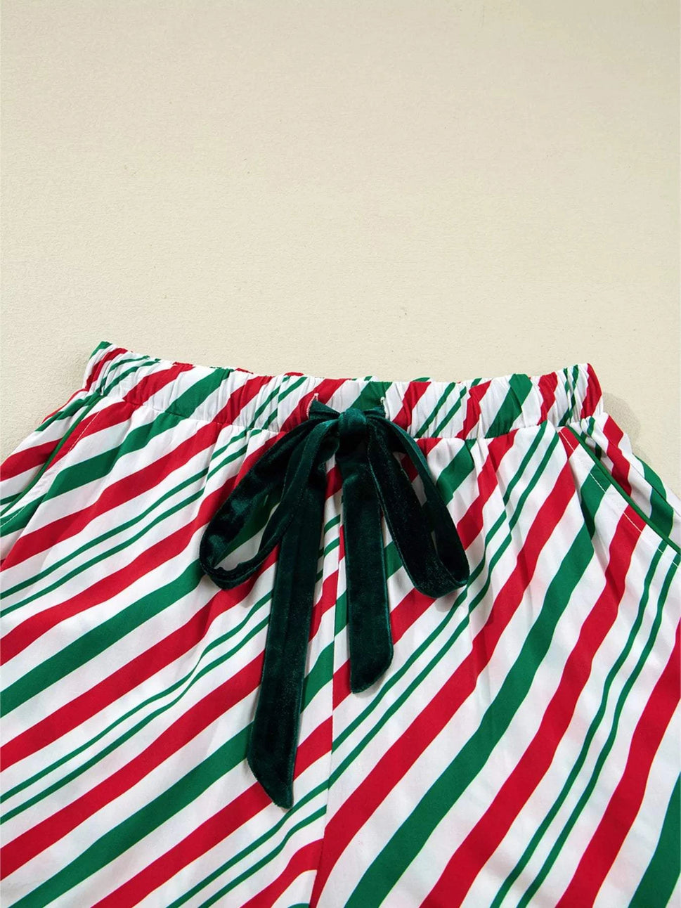 Stripe Contrast Velvet Ribbon Knot Christmas 2pcs Pajama Set