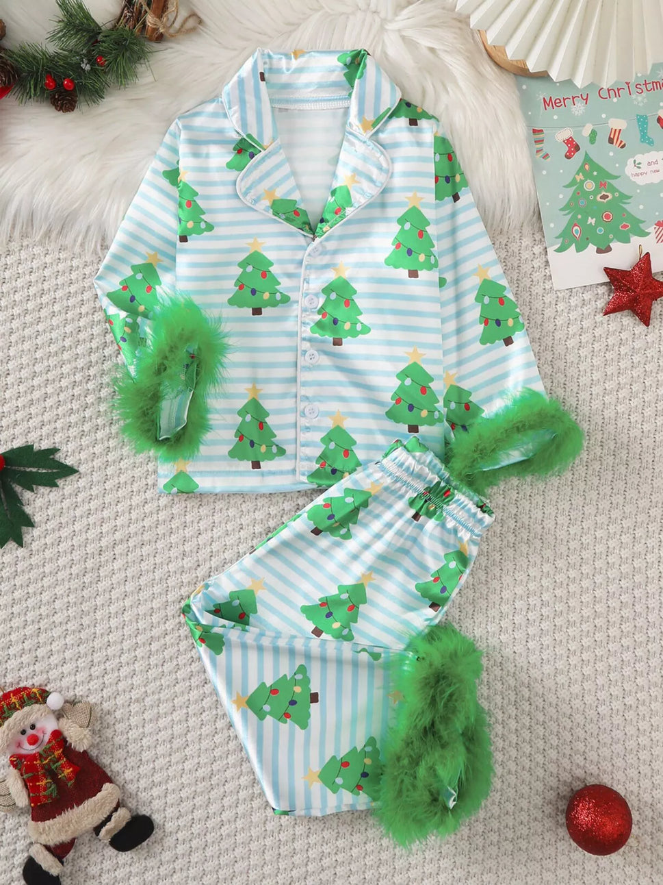 Children's Christmas Tree Print Fluffy Cuff Pajama Set
