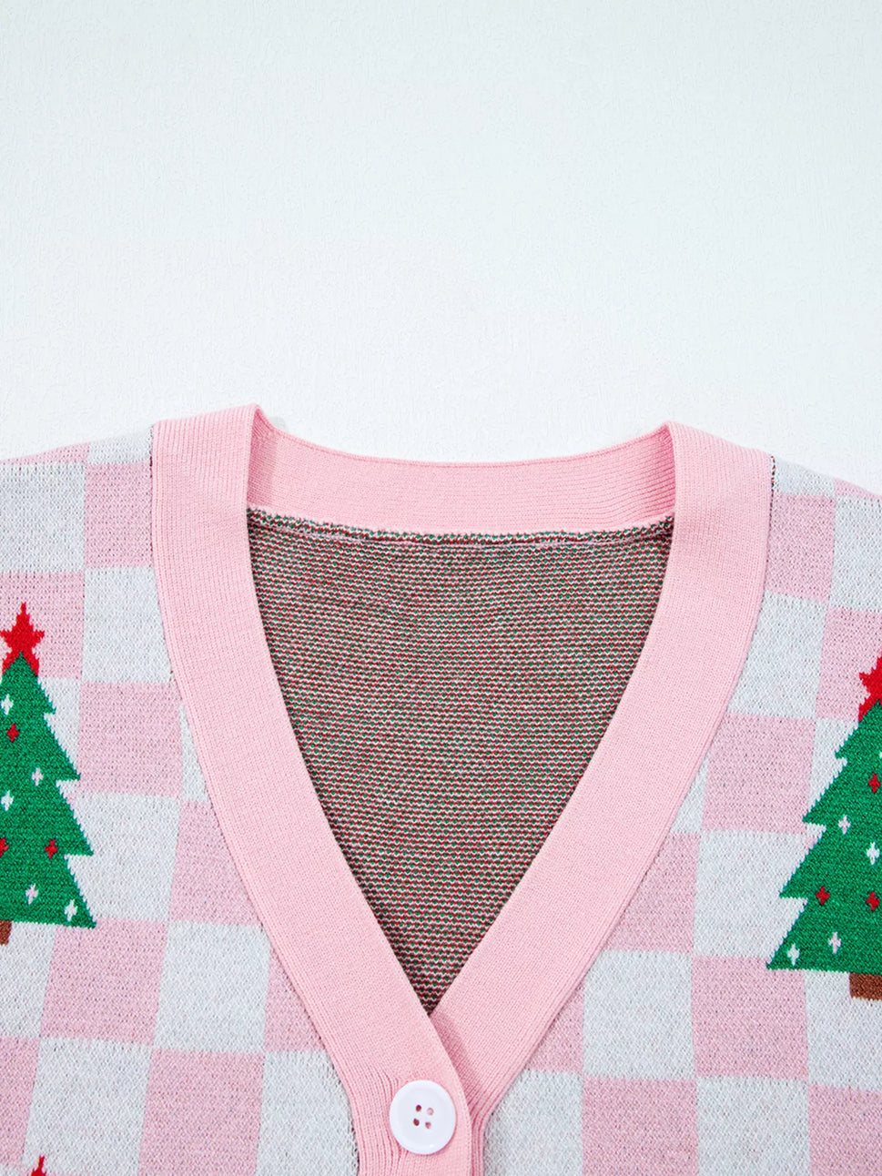 Christmas Tree Pattern Checkered Button V Neck Cardigan