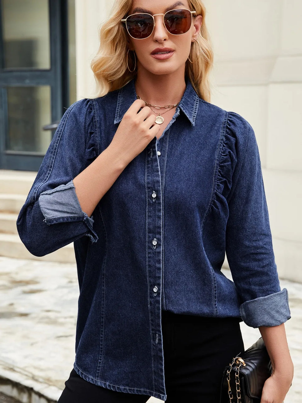 Button Down Collared Neck Denim Shirt