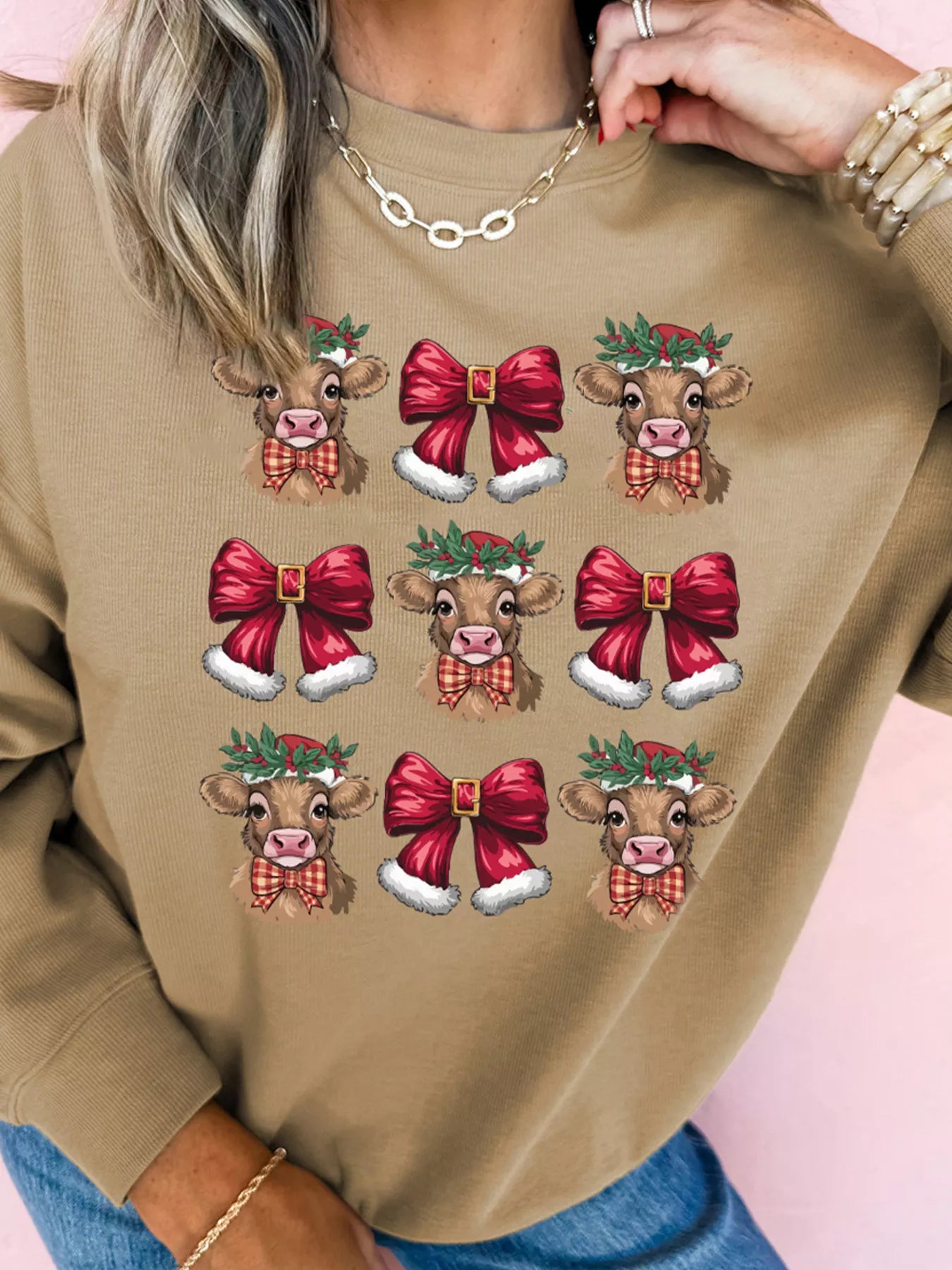 Christmas Heifer Bow Knot Print Casual Sweatshirt