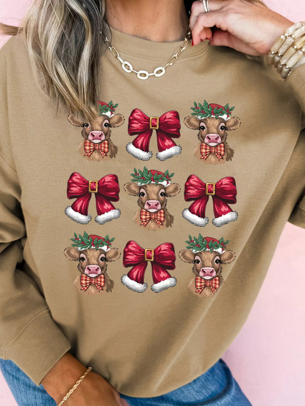 Christmas Heifer Bow Knot Print Casual Sweatshirt