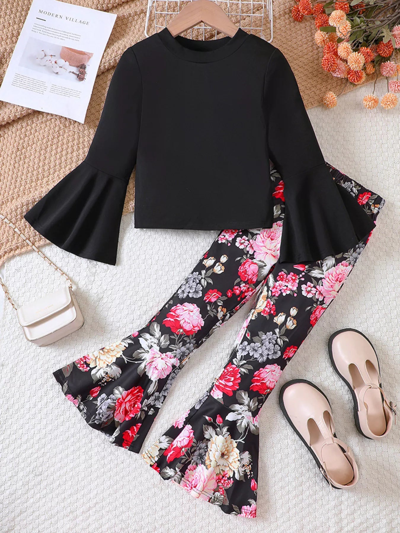 Children's Solid Top & Floral Flare Pants Set