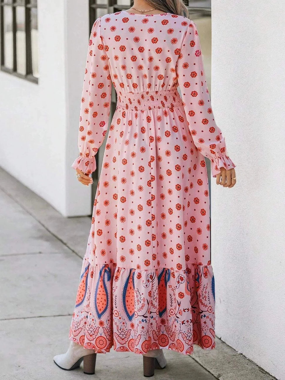 Printed Surplice Flounce Sleeve Maxi Dress