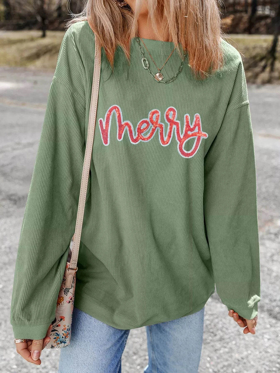 Merry Letter Christmas Sequined Twisted Ribbed Sweatshirt