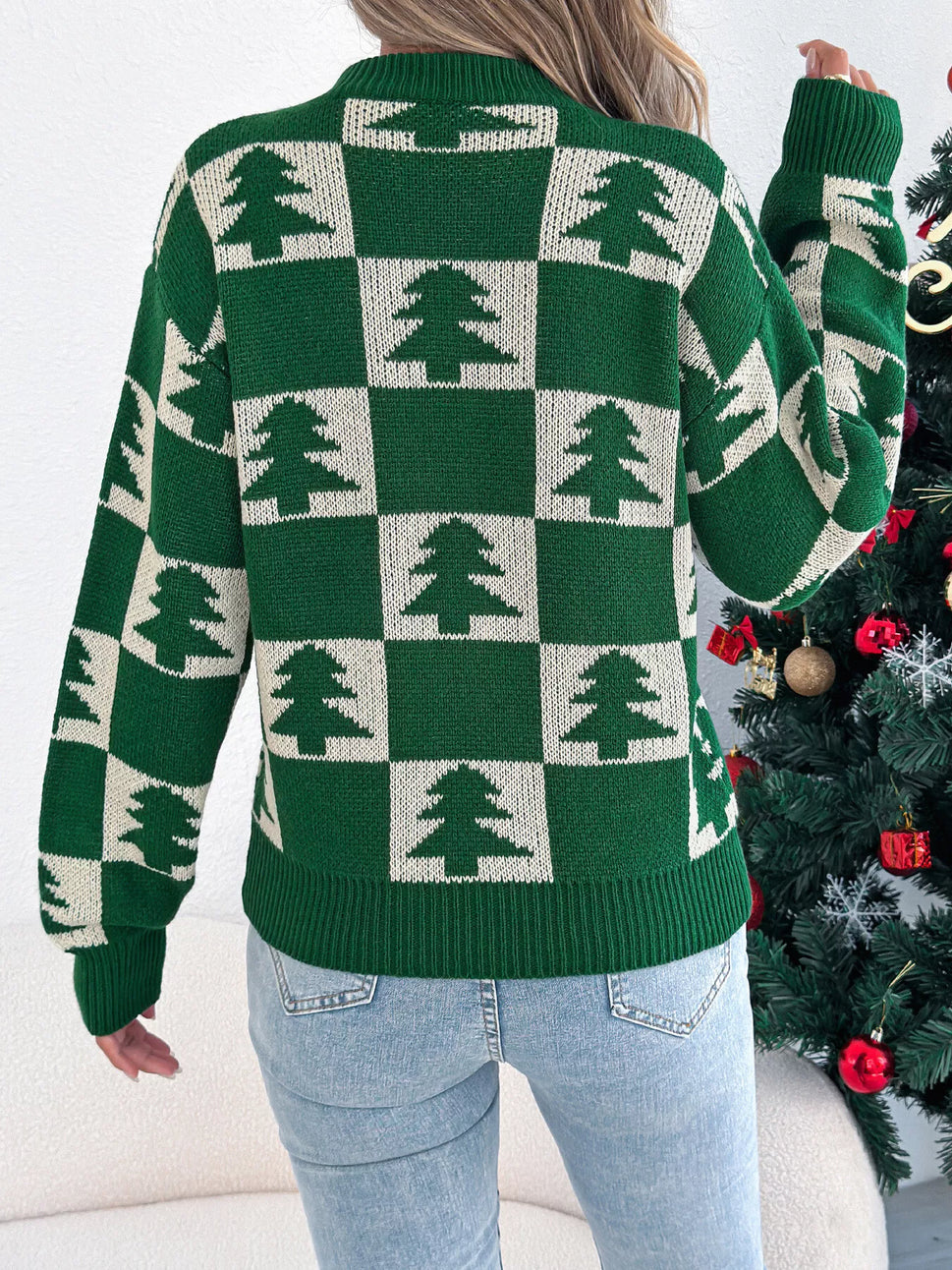 Christmas Tree Checkerboard Pattern Sweater
