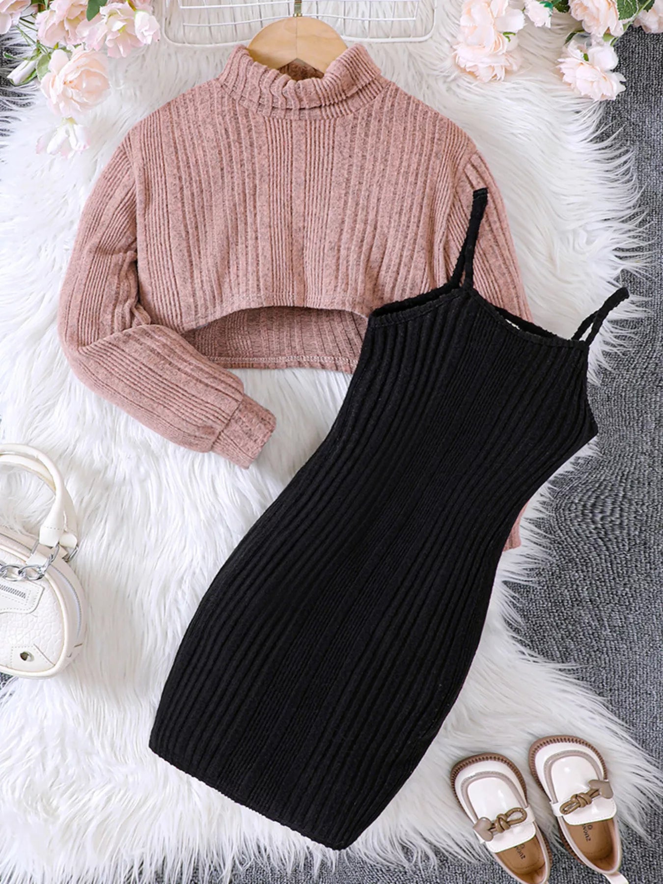 Children's Ribbed Knit Two-Tone Dress Set