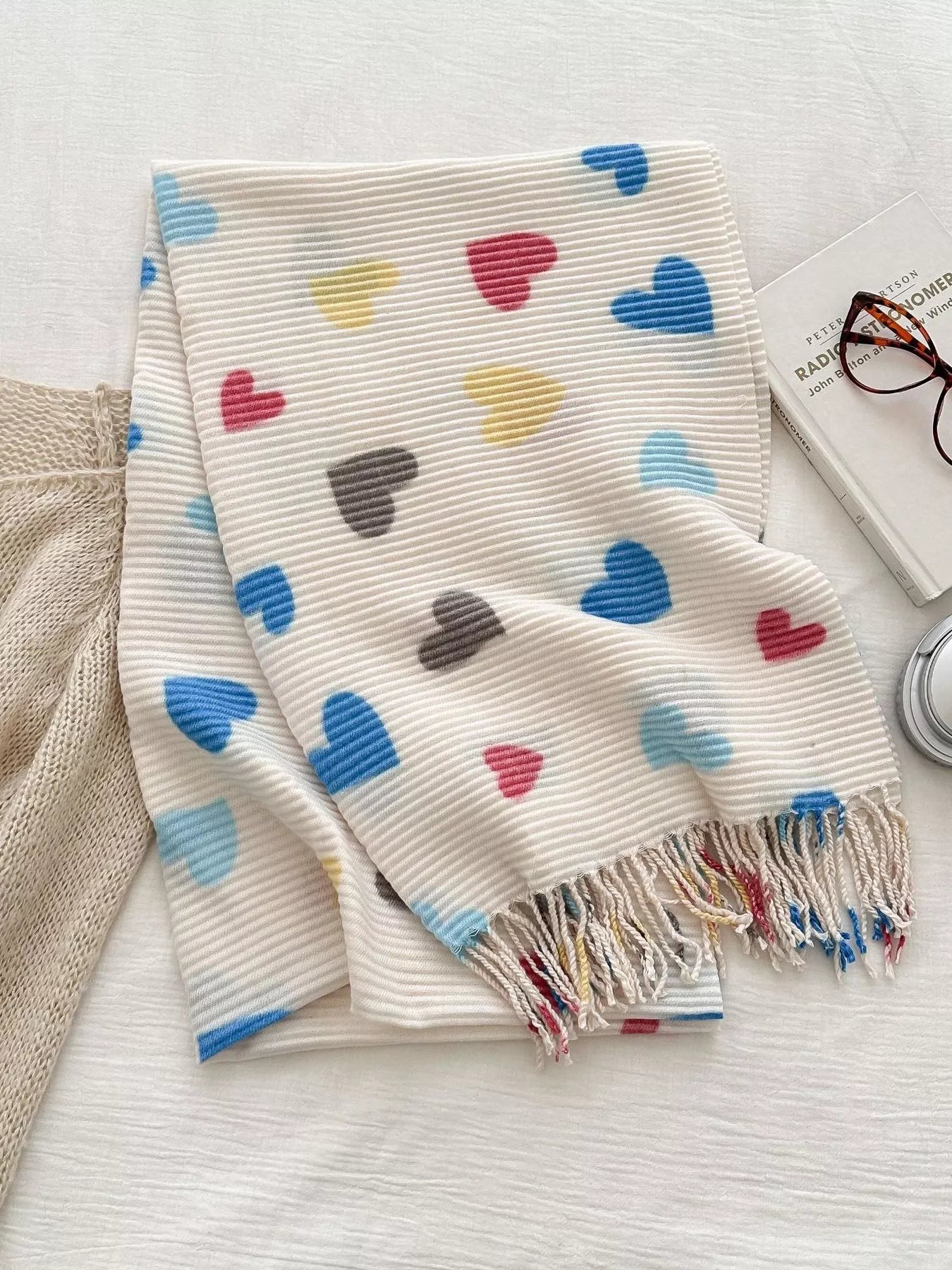 Heart Patterned Tassel Scarf