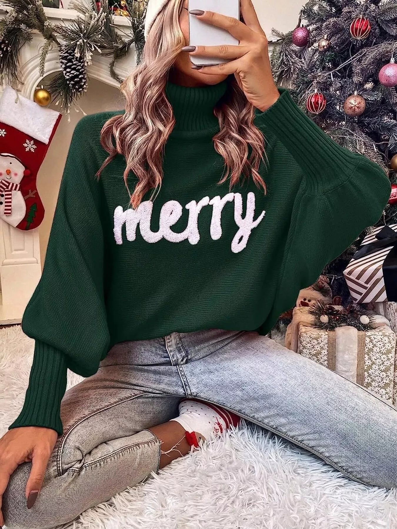Merry Turtleneck Long Sleeve Christmas Sweater