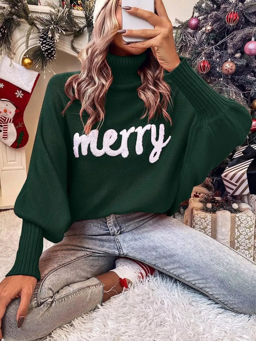Merry Turtleneck Long Sleeve Christmas Sweater