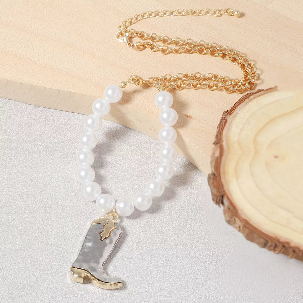 Western Style Pearl Boot Pendant Necklace