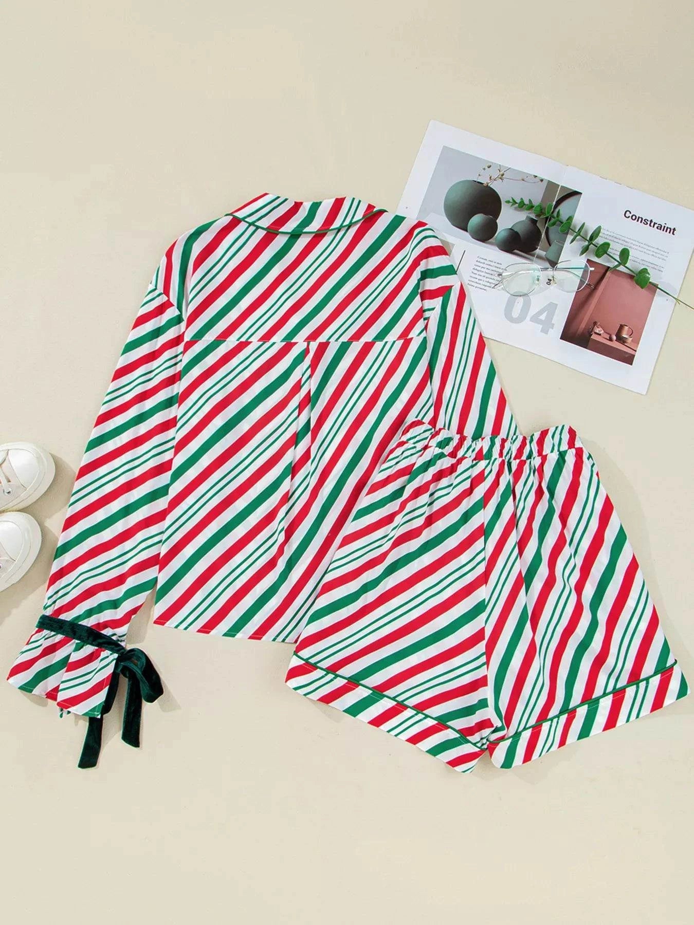 Stripe Contrast Velvet Ribbon Knot Christmas 2pcs Pajama Set