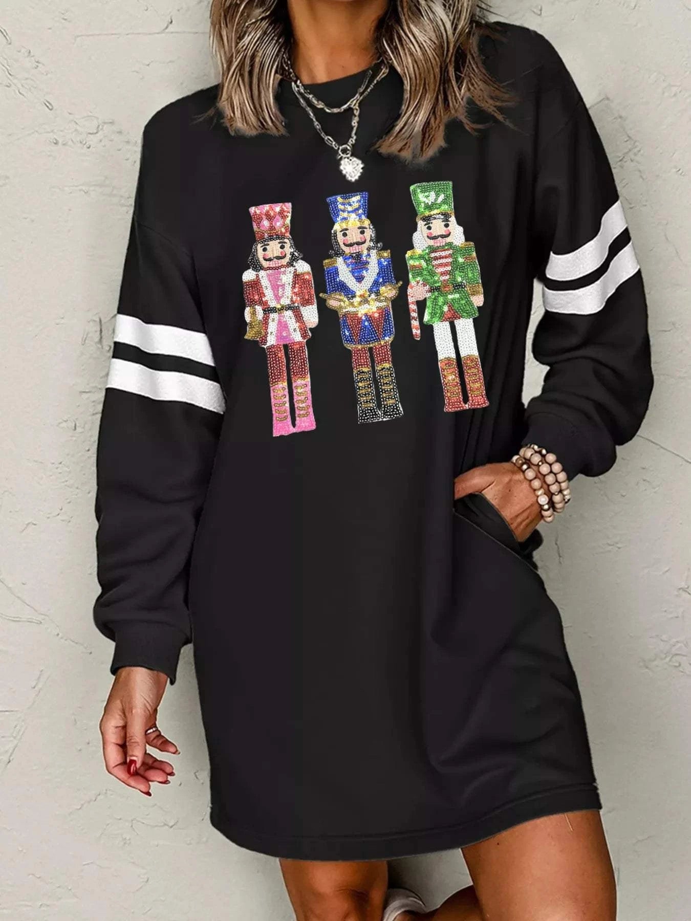 Christmas Sequin Nutcracker-man Graphic Varsity Striped Sleeve Sweatshirt Dress