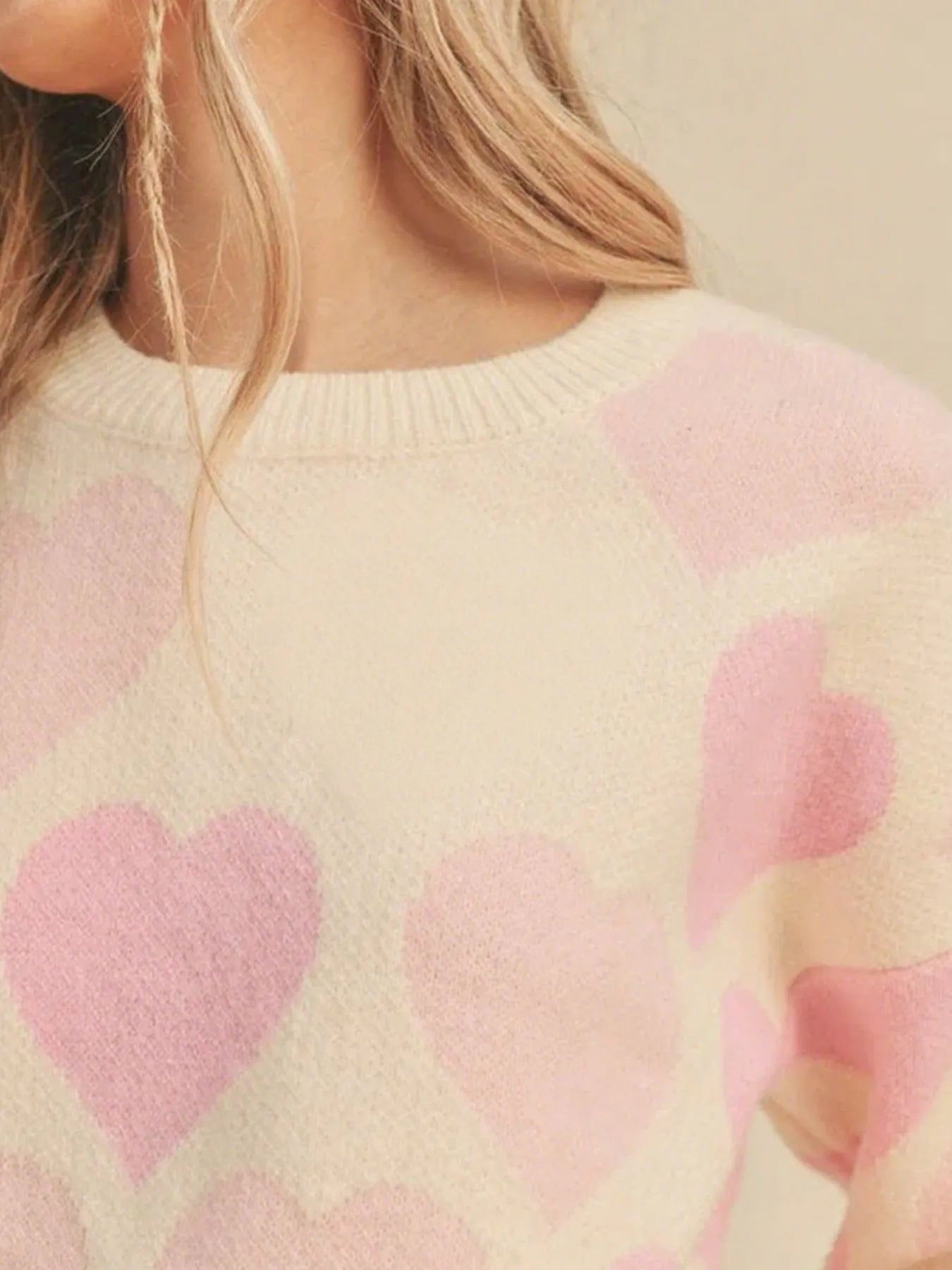 Heart Ribbed Hem Long Sleeve Sweater