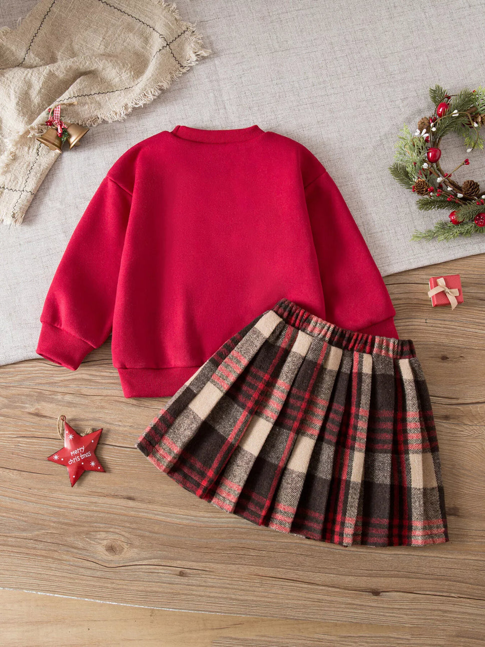Children's Christmas Reindeer Sweatshirt & Plaid Skirt Set