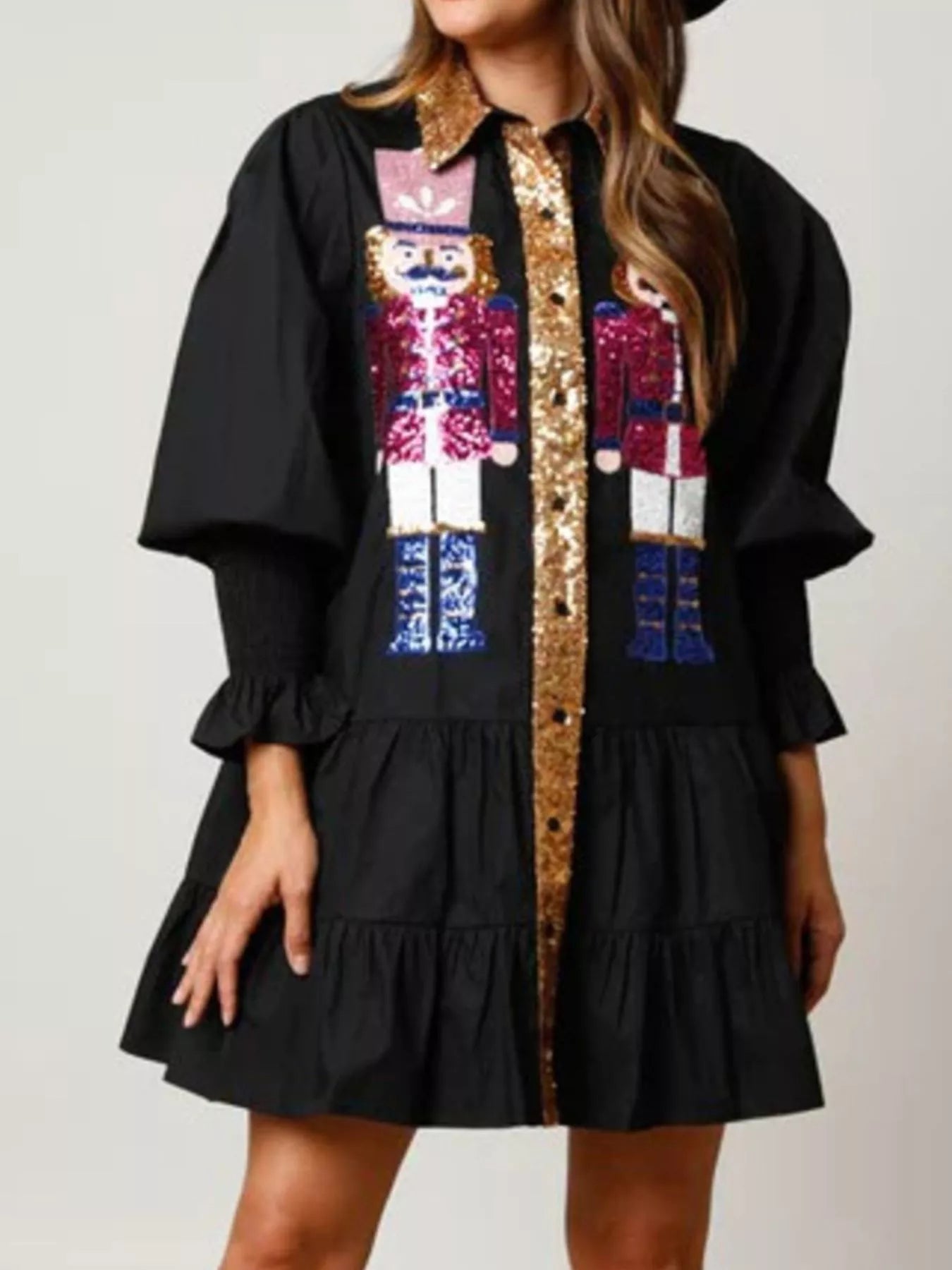 Full Size Christmas Sequin Nutcracker Tiered Shirt Dress Plus Size